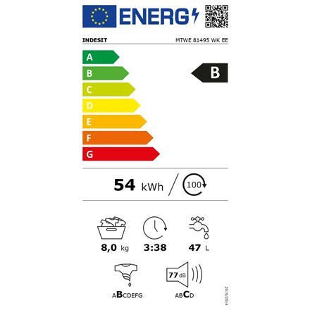 Washing Machine INDESIT MTWE 81495 WK EE | Klasa energetyczna B | Ładowanie z przodu | Pojemność prania 8 kg | 1400 obr./min | G Washing Machine INDESIT MTWE 81495 WK EE | Klasa energetyczna B | Ładowanie z przodu | Pojemność prania 8 kg | 1400 obr./min | G