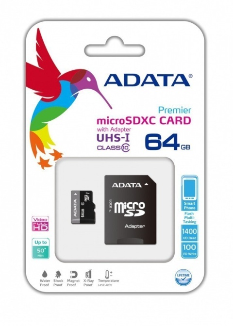 ADATA Premier | Karta pamięci flash | 64 GB | Karta pamięci microSDXC UHS-I | Klasa prędkości UHS Class 1 / Class10 ADATA Premier | Karta pamięci flash | 64 GB | Karta pamięci microSDXC UHS-I | Klasa prędkości UHS Class 1 / Class10